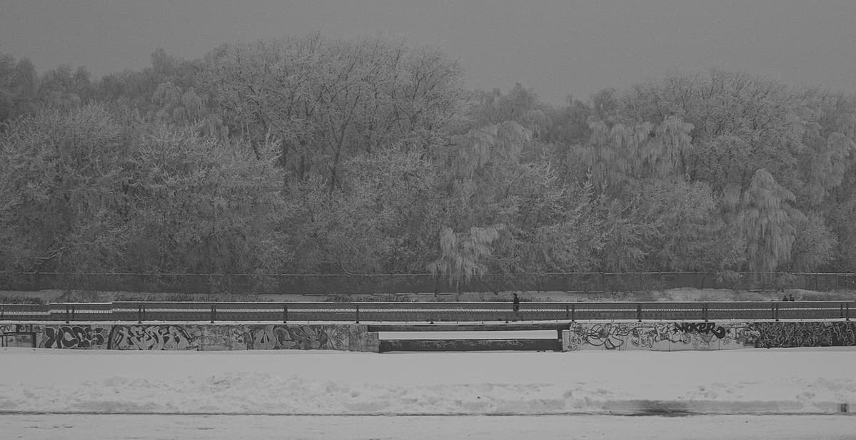 A graffiti-covered bridge over the pond in Raduga Park, in the eastern part of Moscow. In the background is the restricted area of the Moscow University for Humanities, surrounded by a dense forest. A lone person is walking over the bridge, while two more people are seen on the pavement along the fence of the restricted area.