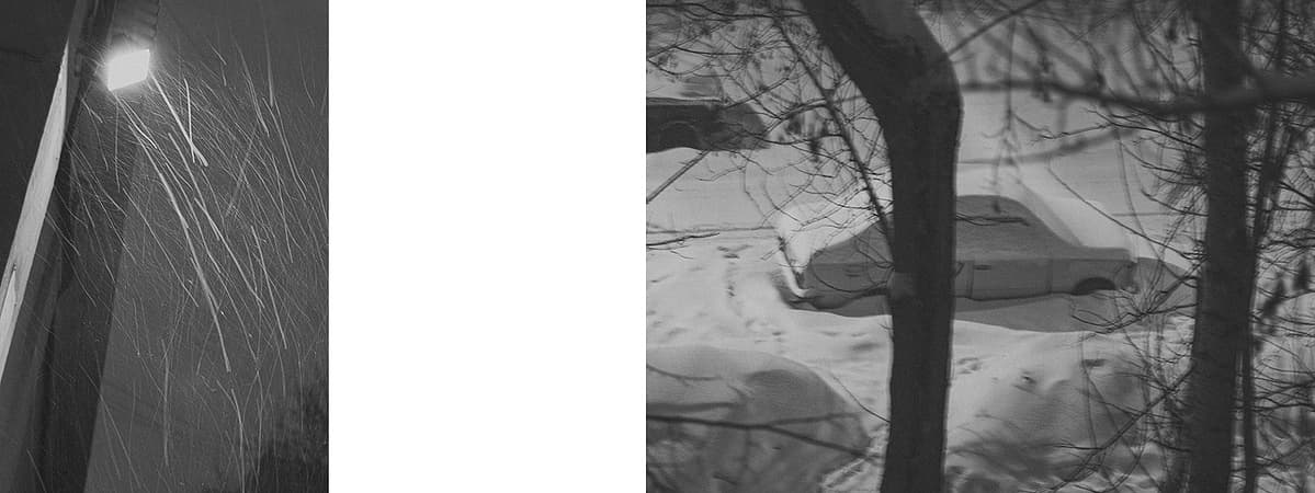 Left: Snow is seen falling in the light of a street lamp. Right: As a result of intense snowfall, a Lada car, along with the pavement and everything else around it, is covered by a thick layer of snow. Both pictures were taken in Moscow.