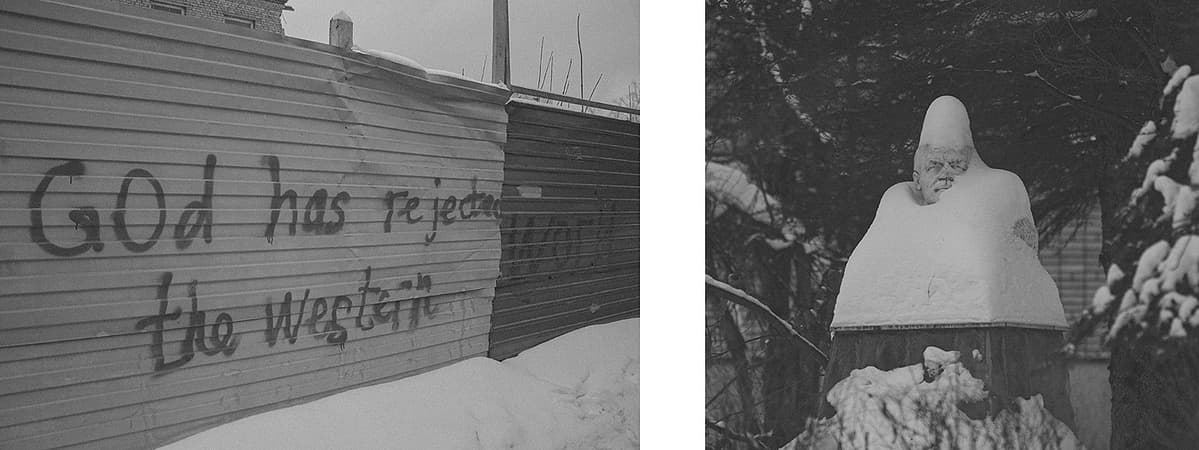Left: A construction fence with the inscription "God has rejected the western world". Right: A monument to Vladimir Lenin covered in a thick layer of snow. Both pictures were taken in Novogireyevo, Moscow.