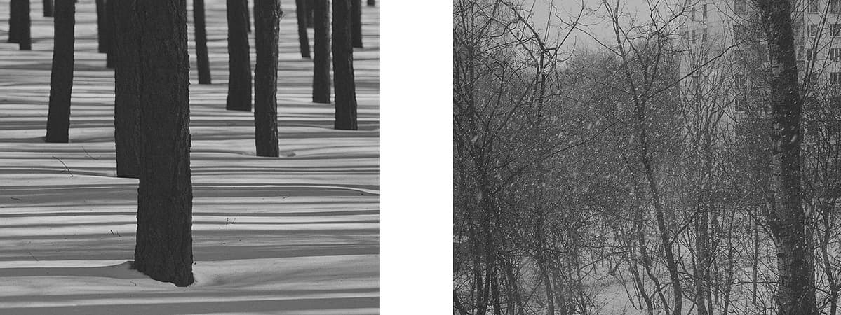 Left: Snow covered with stripes of tree shadows on a sunny winter day. Right: Snow falling diagonally during a windy day. Both pictures were taken in Moscow.